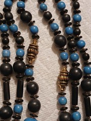 Vintage Necklace Blue Black Wood Bead Triple Strand Gold Tone Accents