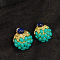 Vintage Trifari Turquoise Flower Brooch & Earrings Set Gold Tone VTG