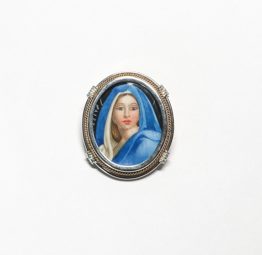 Vintage 800 Silver Hand-Painted Virgin Mary Devotional Brooch / Pendant 31x21mm