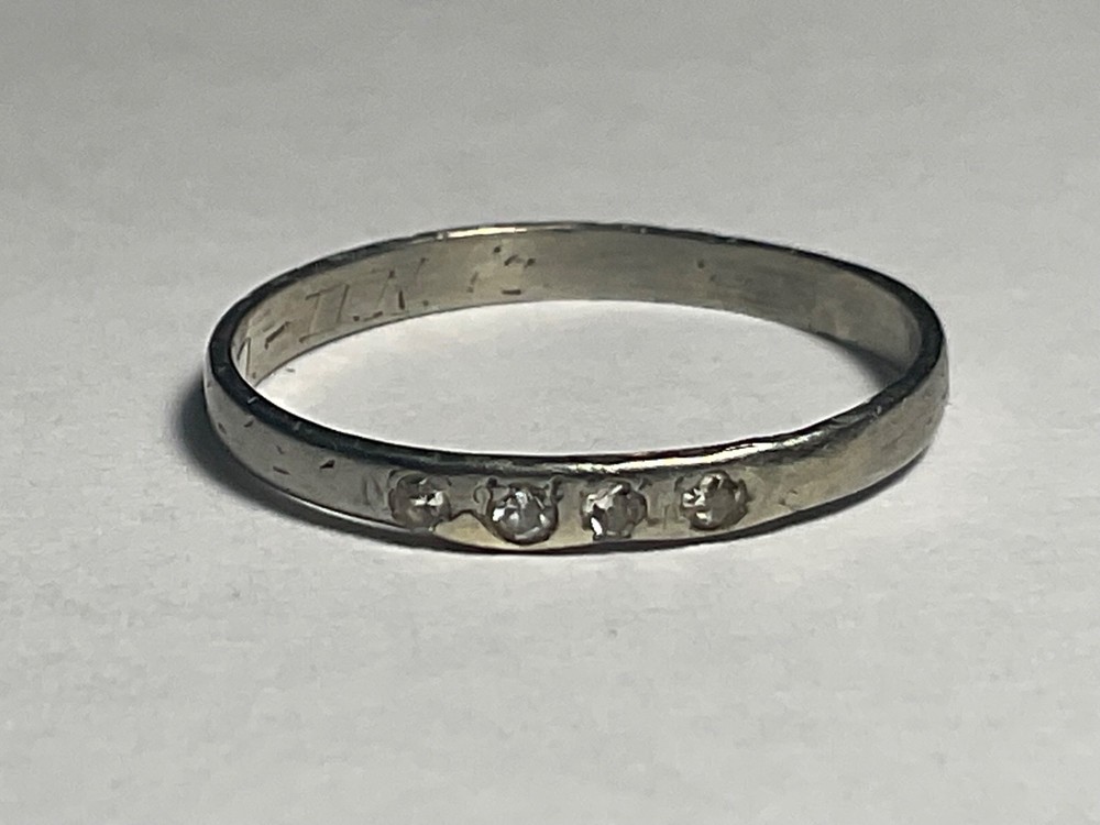 Flush Set Antique Diamond Ring 18k White Gold Wedding Band 30s Sunburst Stacker