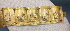 Vintage Peruvian Alpaca Bracelet Story Teller Gold Tone Brass Wide Cuff Repousse