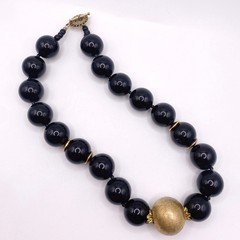 Vintage Black Onyx And Venetian Metal Golden Spheres Chunky Necklace 14”