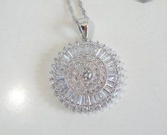 Vintage Style Sterling Silver 925 Baguette Starburst CZ Large Pendant Necklace