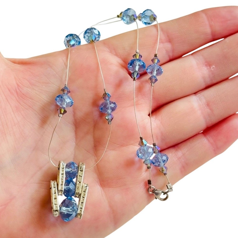 VTG sky blue crystal beaded Floating Necklace jeweled Sterling .925 Y2K 90s 17″