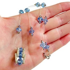 VTG sky blue crystal beaded Floating Necklace jeweled Sterling .925 Y2K 90s 17″