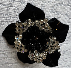 Vintage Black Enamel Flower Brooch Rhinestone Floral Statement Pin Costume Jewel