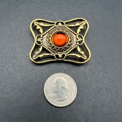 Orange Glass Stone Brooch Open Metal Work Gold Tone Pin