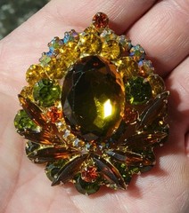 Vintage MCM Juliana Goldtone Autumn Topaz Heliotrope Rhinestone Brooch Pendant