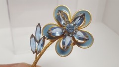 Vintage Blue Glass Rhinestone Enamel Flower Brooch Marquise Round Gold Tone Pin