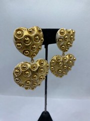 Vintage Gilt Resin Heart Dangle Pierced Earrings Gold Ball Studded 3″ Long Drop