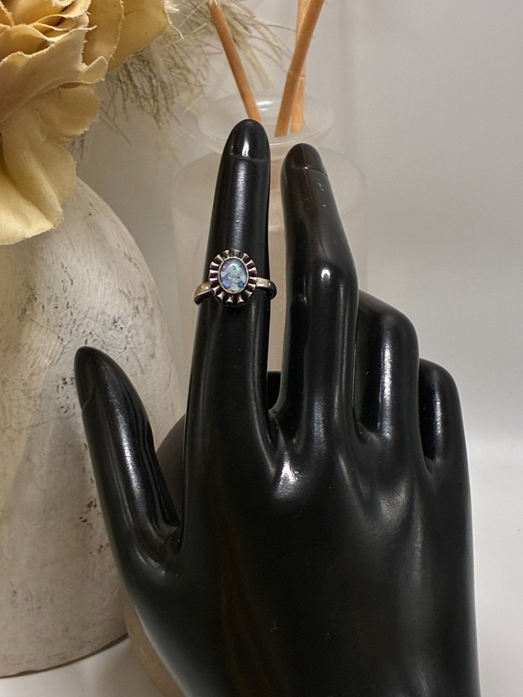 Vintage Crushed Mosaic Blue Fire Opal 925 Sterling Silver Sunburst Ring Size 6
