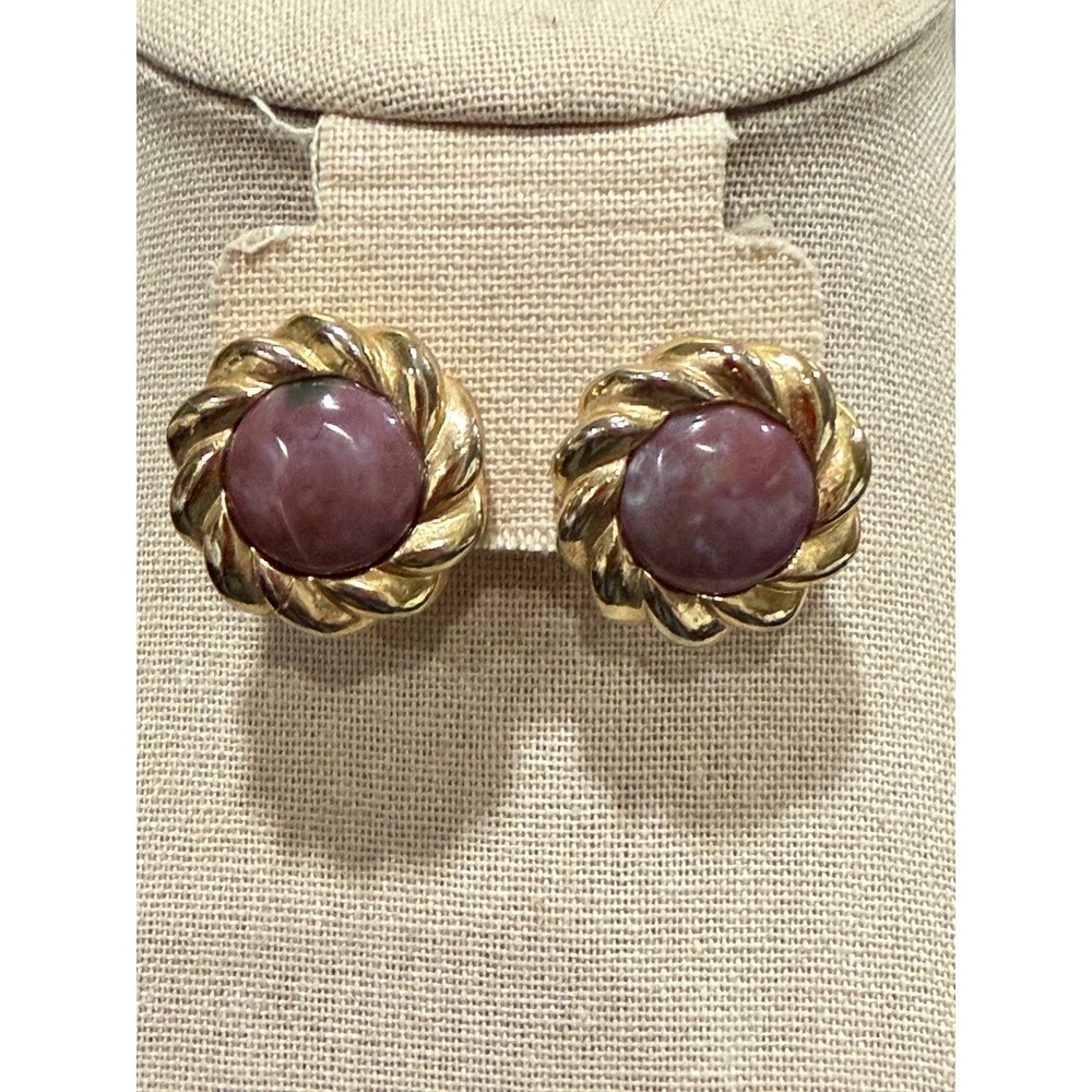 Earrings Pink Glass Cabochon Gold Tone Vintage Twisted Rope Border Clip On Post