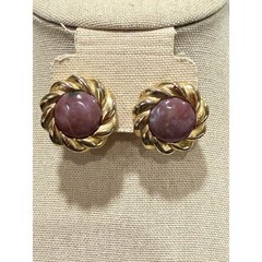 Earrings Pink Glass Cabochon Gold Tone Vintage Twisted Rope Border Clip On Post