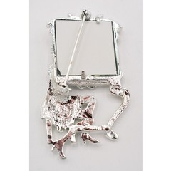 AJC Vintage Vanity Mirror Pin Brooch Woman Makeup Brushed NOS Signed 1980s BinA3
