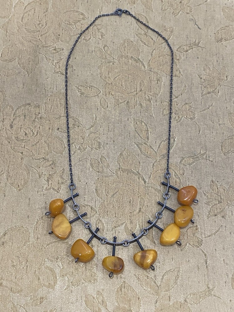 Vintage 875 Silver Soviet Amber Bead Modernist Abstract Necklace Art Nouveau 18”