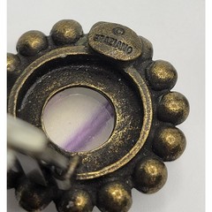 Vintage Signed Graziano Fluorite Clip On Earrings Purple Stone Cabochon Bronze
