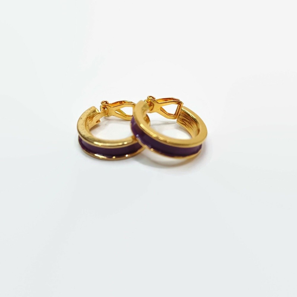 Vintage Mimi D N Gold Tone & Purple Enamel Hoop Clip Earrings