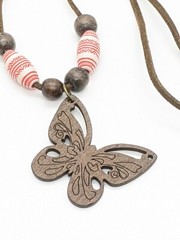 Brown Carved Wood Butterfly Leather Cord Red White Bead Necklace