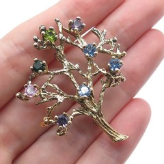 925 Sterling Silver Gold Plated Vintage Real Multi-Color Gem Tree of Life Brooch