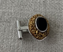 VTG Destino Cufflinks/Tie Tack Black Onyx Textured Gold/Silver Tone Swivel Posts