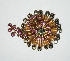 1960’s Flower Brooch Sunburst Pin Sparkly Rhinestone Costume Jewelry Pink Gray