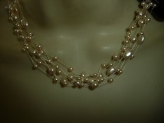 MULTI STRANDS FAUX PEARLS on WHITE CORD 7″L COLLAR NECKLACE #25/22A
