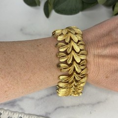 Vintage Signed Francois Brushed Gold Tone Leaf Design Wide Bracelet Safety Chain