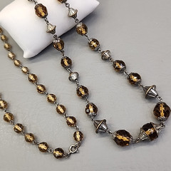 Vintage Glass Beaded Necklace Yellow Brown Faceted Silver Tone Caps 44″