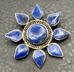 VTG Lapis Lazuli Silver Tone Flower Brooch Pin Nepal Sun Celestial Boho Ethnic