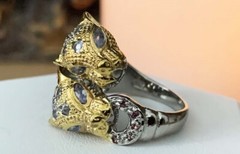 Thai White & Yellow Gold Vermeil Tanzanite & Rhodolite Garnet Snow Leopards Ring