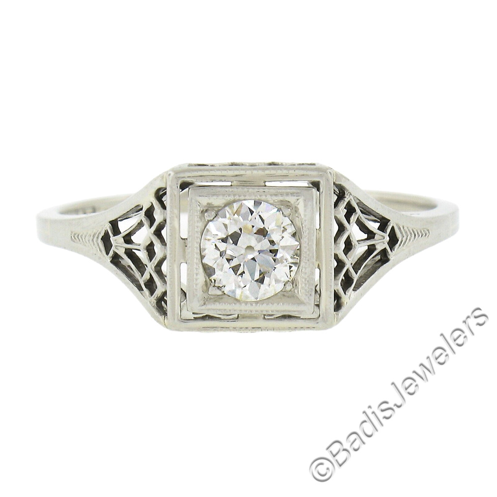 Antique Art Deco Belais 18K Gold Old European Diamond Squared Filigree Work Ring