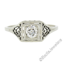 Antique Art Deco Belais 18K Gold Old European Diamond Squared Filigree Work Ring