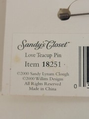 NOS Retro Love Teacup Decorative Pin Brooch Sandy’s Closet 2000 Item 18251