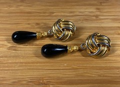 VTG Monet Pink Gold Clip Earrings + Unsigned Gold Black Glass Drop Clip Earrings