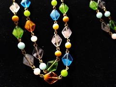 RARE VTG. 4 POLYGON HAND WIRED GIVRE GLASS COLOR BEADS NECKLACE 46″ (L136)