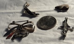 Lot Of 4: Sterling Animals, (1) Bear Slide, (3) Seagull, Dolphin, Lion Brooches