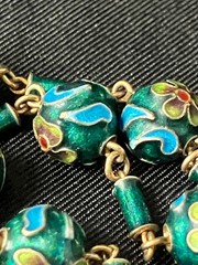 Vintage Champleve Bracelet Rich Green Floral Cloisonne Bead Chain Spring Clasp