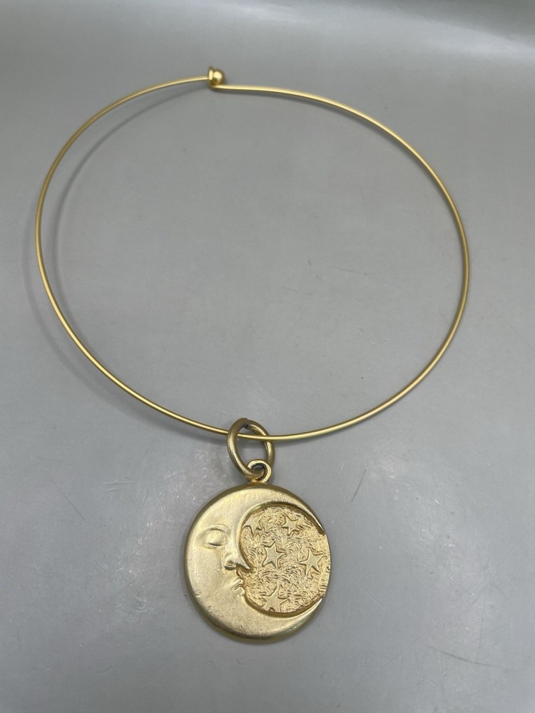 Vintage Brushed GoldTone Wire Choker Celestial Moon Stars Pendant 17” Necklace
