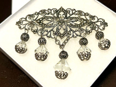 VINTAGE Marcasite Filigree 3″ Brooch w Glass Crystal Dangles Silver Tone Pin