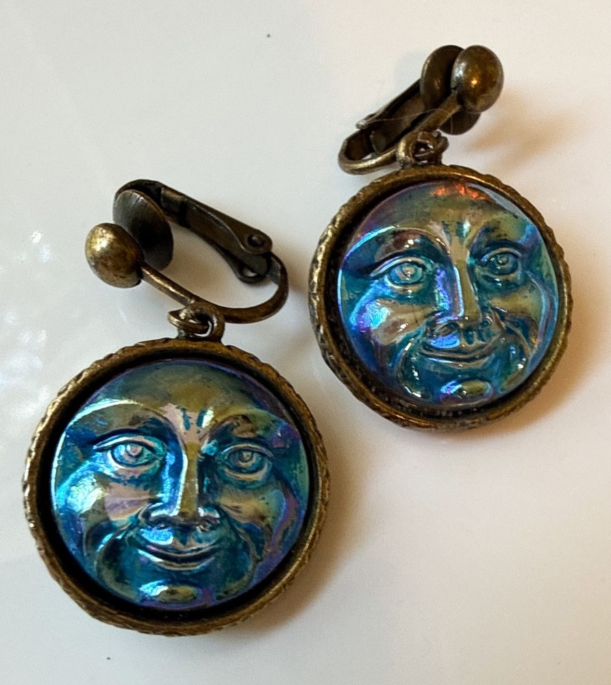 Grandmother’s Buttons Vintage Earrings Czech Art Glass Man In The Moon Clip-On