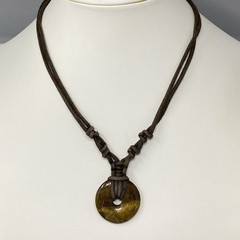 Tigers Eye Pendant Necklace Gold Round Donut Brown Cord Amulet Bohemian 16″