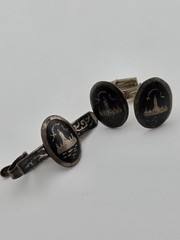 Rare Antique 1940s Siam Sterling Silver Niello Jewelry His And Hers Complete Set