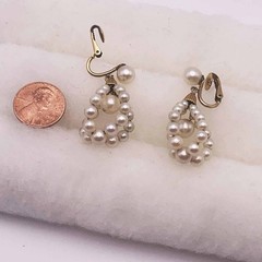 Dangle Drop Imitation Pearl Cluster Vintage Gold Tone Clip-On Earrings FREE SHIP