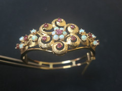 Spectacular Victorian 14K Yellow Gold Bangle Bracelet w/ Rubies and White Opals.
