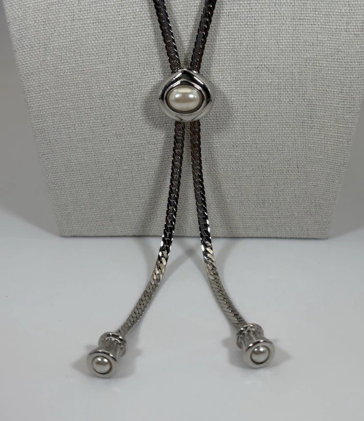 Rare Monet Slide Necklace Silver Tone Tassel Textured Metal Adjustable Size Bolo