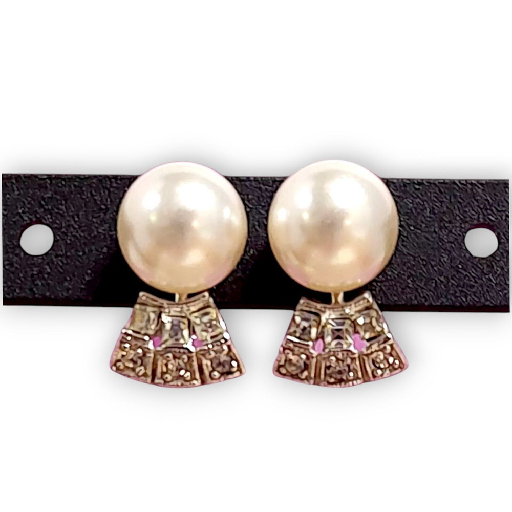 VTG Old Hollywood Glamorous Pearls & Rhinestones Screw Back Statement Earrings
