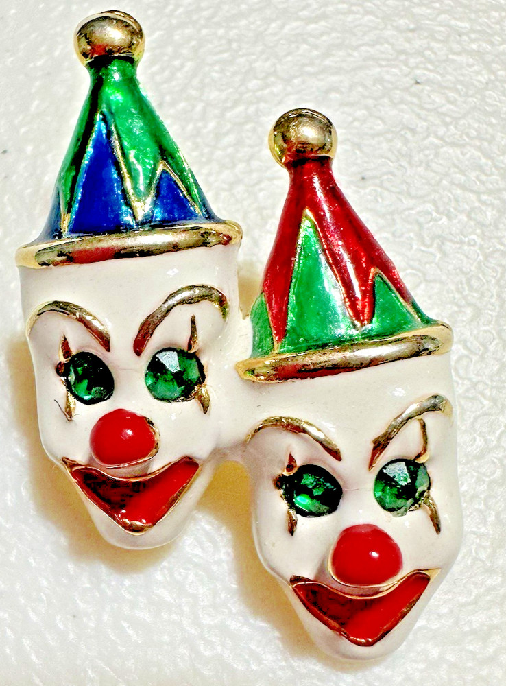 Vintage Enamel Double Clown Brooch Green Rhinestone Eyes Circus Carnival Pin