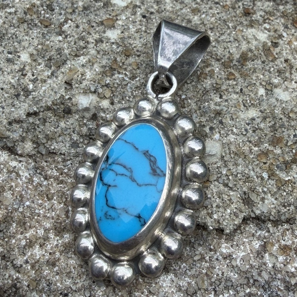 Vintage Taxco TD-29 Sterling Silver 1.75 Pendant Dyed Howlite Mexico Bubble Rope