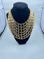 Vintage 1950s Gold Tone Chain Maille Statement Bib Necklace