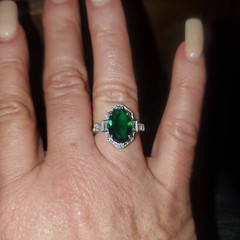 Art Deco Style 3.50 Ct Oval Green Emerald Halo Engagement 14K White Gold FN Ring